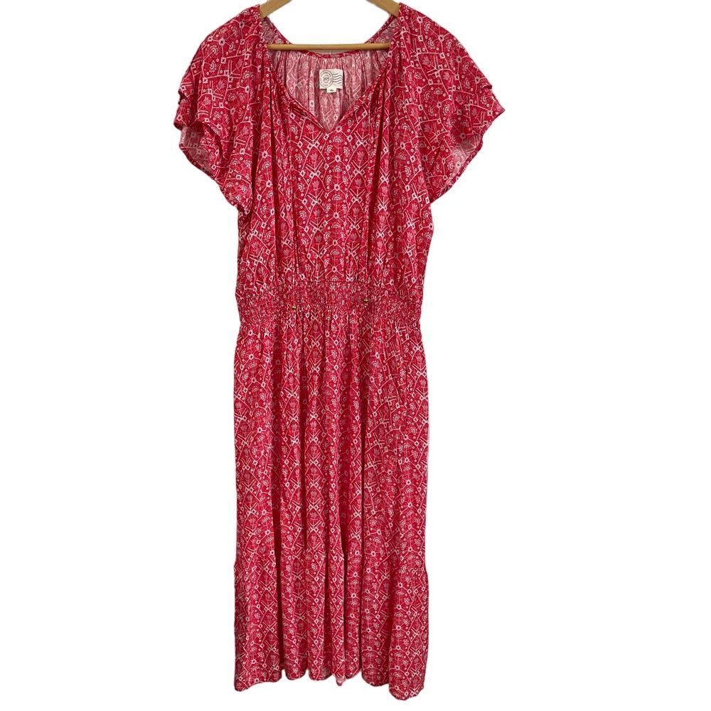 Destination 365‎ Midi Dress Womens Medium Red Abstract Tiered Breezy Smocking